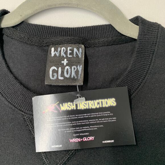 Wren + Glory Women Sweater Black Crew Neck Long Sleeve Hand Painted 2000s NEW - Picture 5 of 12